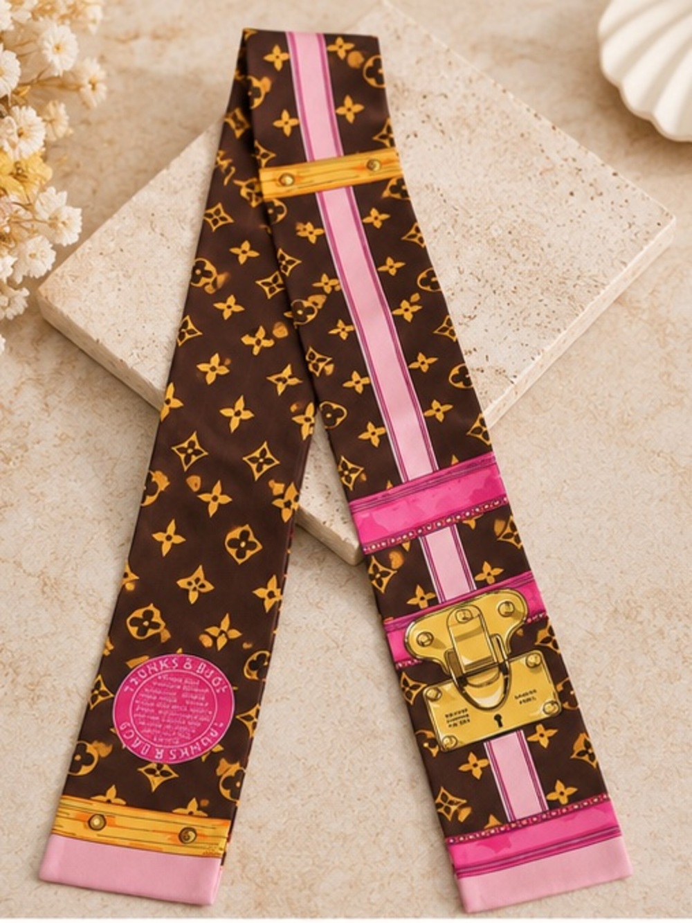 Large Brown Pink Monogram Trunk Twilly Scarf Designer Inspired